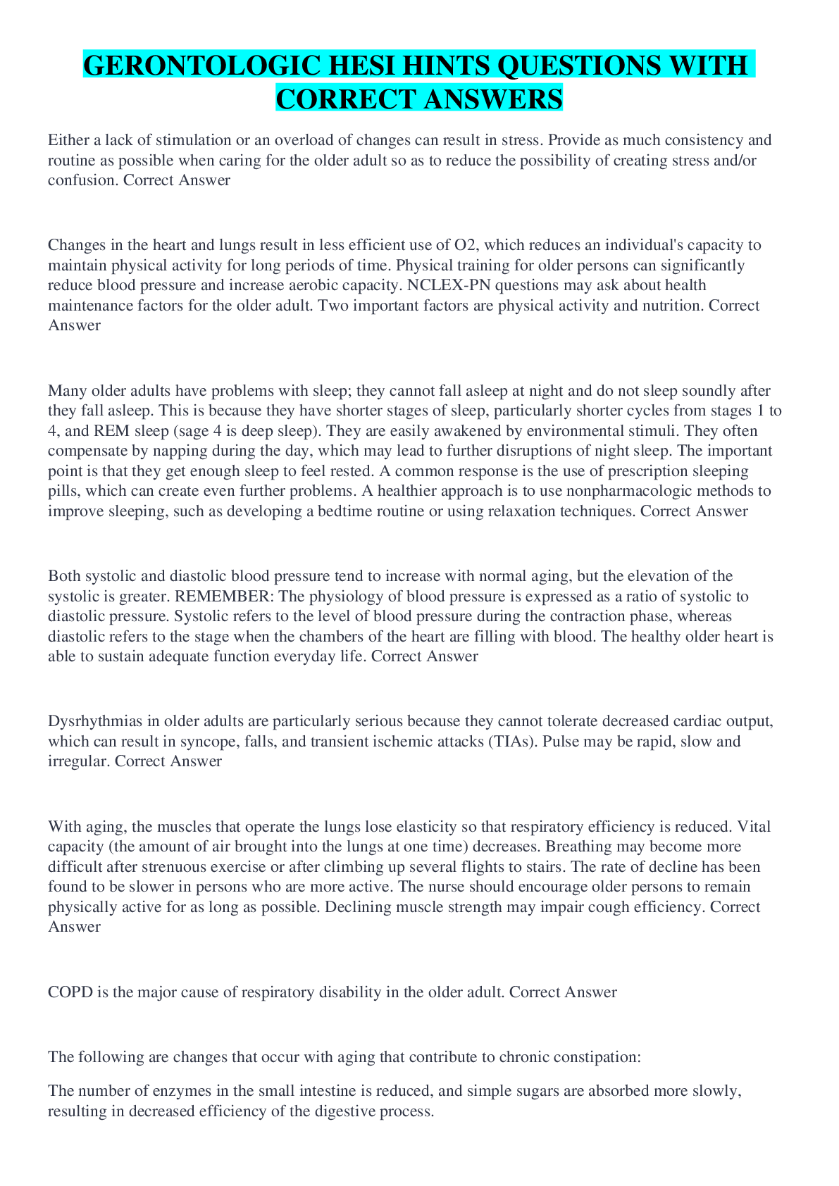 Preview image for GERONTOLOGIC HESI HINTS QUESTIONS WITH CORRECT ANSWERS